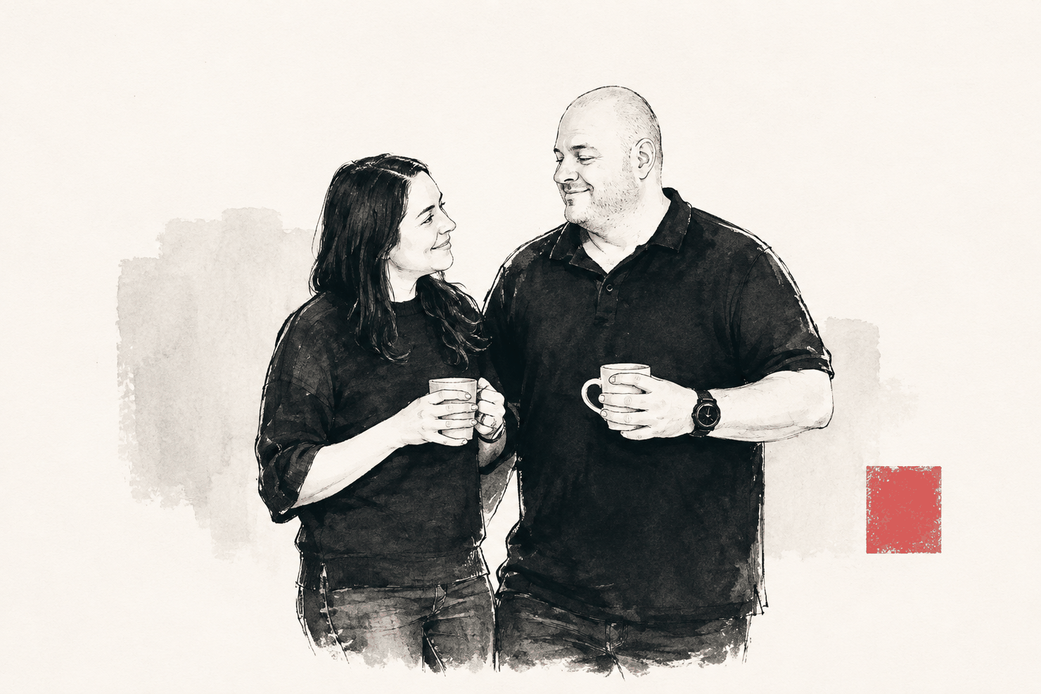 An illustrated portrait of Beverley and her husband sharing a coffee.