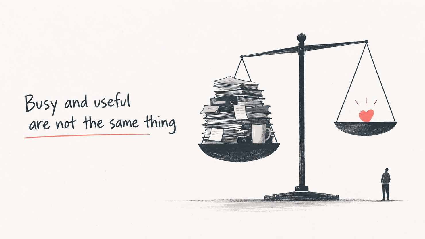Ink-drawn scales. The left pan is loaded with a toppling stack of folders, loose papers and a coffee mug and hangs low; the right pan holds a single small red heart and rides high. A lone figure stands beside them, looking up. Hand-lettered words read: Busy and useful are not the same thing.