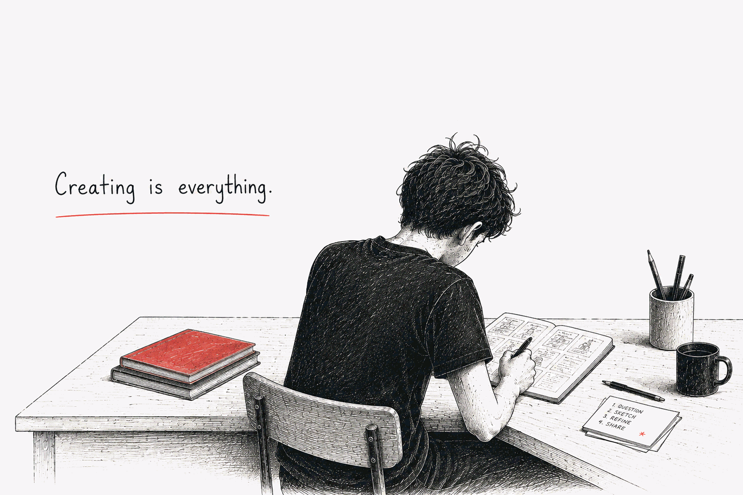 A person seen from behind at a wooden desk, drawing storyboard panels in an open notebook; a red book on a small stack, a pot of pens, a mug, and a card listing 1. Question, 2. Sketch, 3. Refine, 4. Share. Hand-lettered words read: Creating is everything.