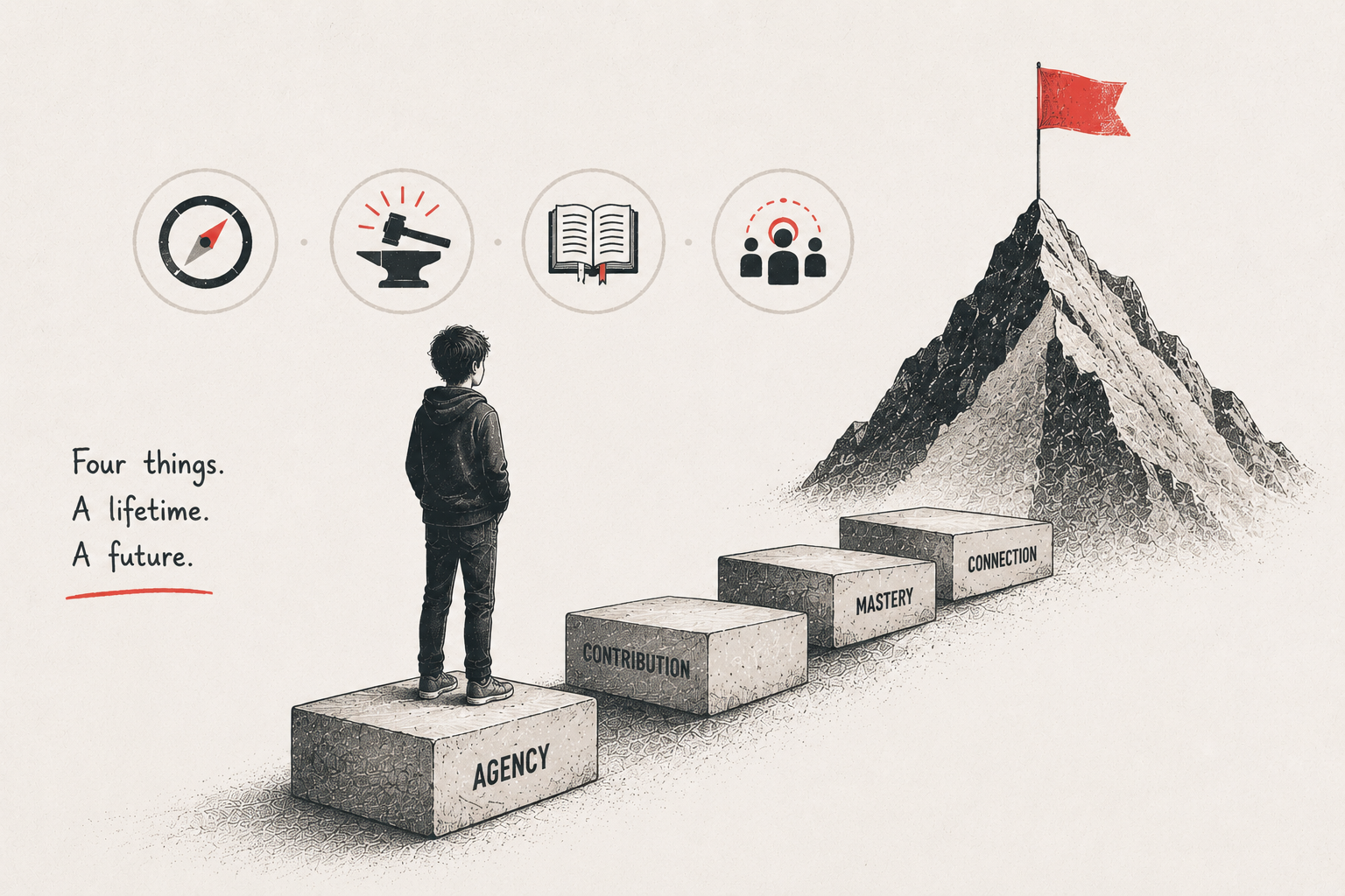 An editorial illustration: a child stands on the first of four rising stone blocks – agency, contribution, mastery, connection – that climb toward a summit flying a coral flag, with four small icons above for a compass, an anvil, an open book and a circle of people. The four things a childhood builds.