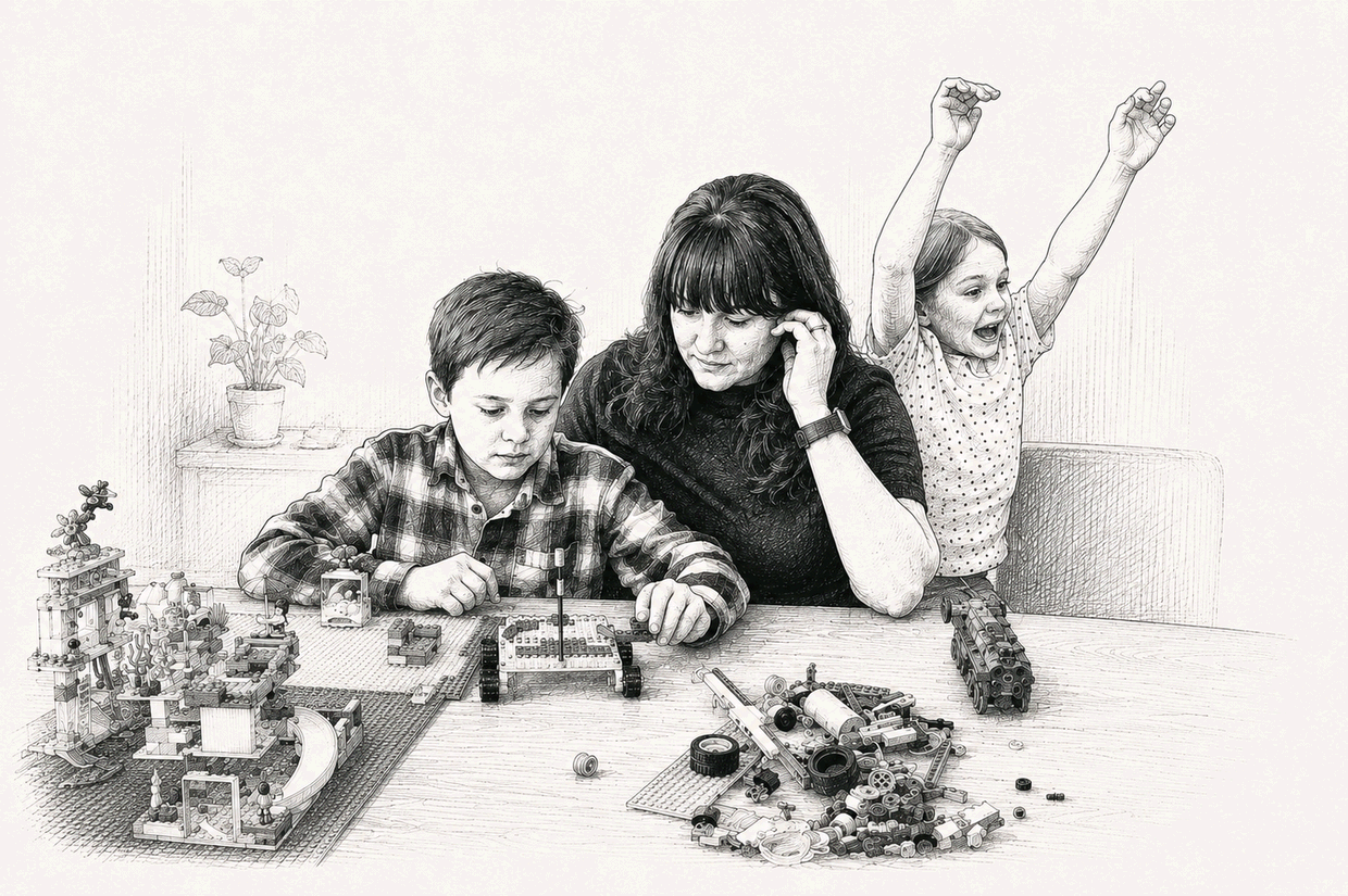 A pencil illustration of a parent and two children building with Lego at a table, one child cheering with arms raised.