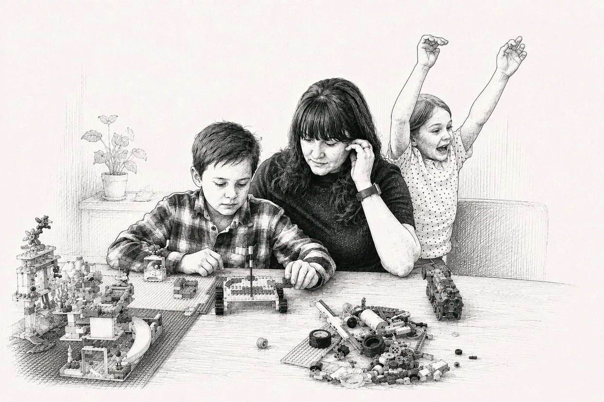 A pencil illustration of a parent and two children building with Lego at a table, one child cheering with arms raised.