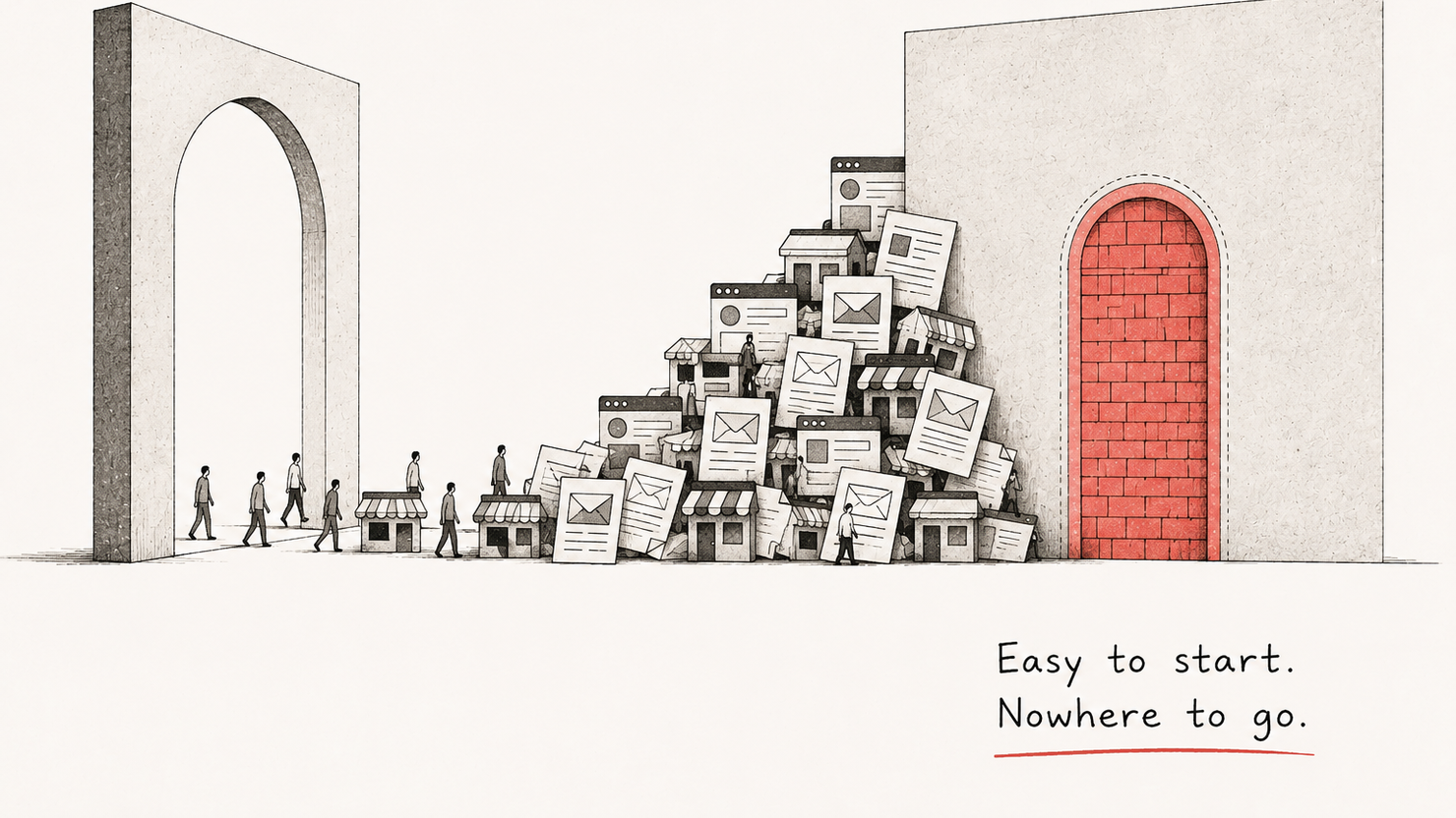 An editorial illustration: small businesses stream in through a wide-open archway and pile up against a bricked-over exit — easy to start, nowhere to go.
