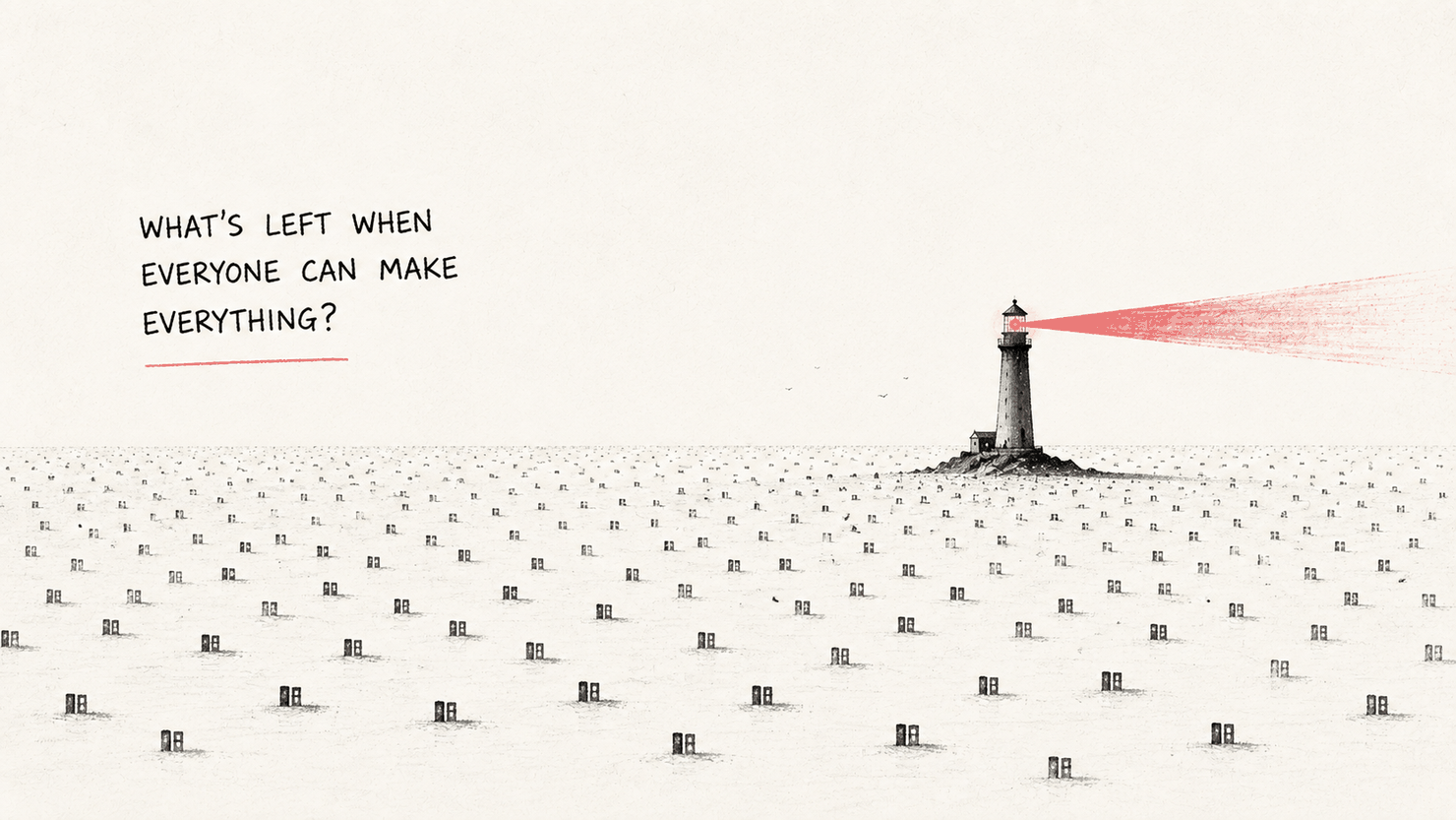 A lone lighthouse on a rocky outcrop sweeps a coral beam across a vast sea filled with thousands of identical small doors stretching to the horizon.